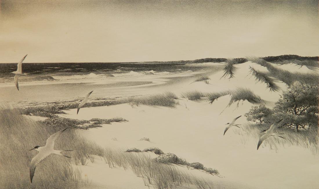 Stow Wengenroth lithograph: Stow Wengenroth (American 1906-1978)- ''The Far Shore'' (Stuckey 238)- lithograph, 1957, signed in pencil, edition of 200, the 27th pulication of the Prairie Print Makers, minor foxing in lower margin