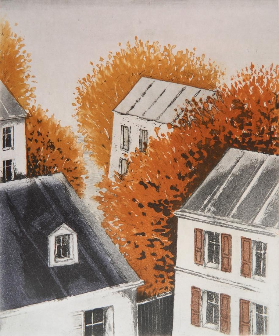 Annapia Antonini etching and aquatint: Annapia Antonini (French 1942- )- ''Pres de Chez Mois'' (Antonini 551)- etching and aquatint in colors, 1990, signed, titled and numbered 21/99 in pencil, very good condition. 11 3/4 x 9 3/4''