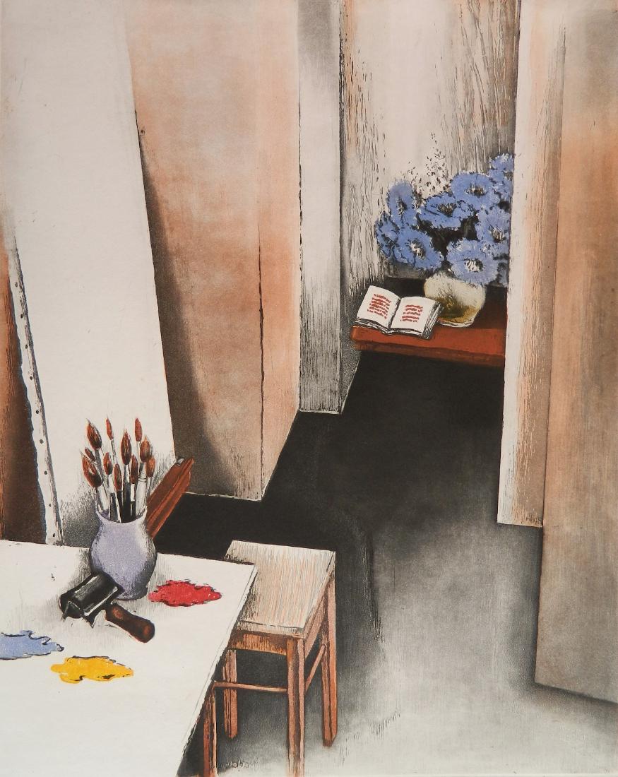 Annapia Antonini etching and aquatint: Annapia Antonini (French 1942- )- ''La Toile Blanche'' (Antonini 570)- etching and aquatint in colors, 1991, signed, titled and annotated 'E/A XIX/XXX' in pencil, minor foxing in margins and verso. 19