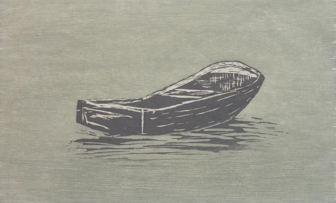 Richard Bosman woodcut: Richard Bosman (American 1944- )- ''Boat (Study For Estuary)''- woodcut in colors, signed and numbered 24/25 in pencil. 12 5/8 x 20 3/4''