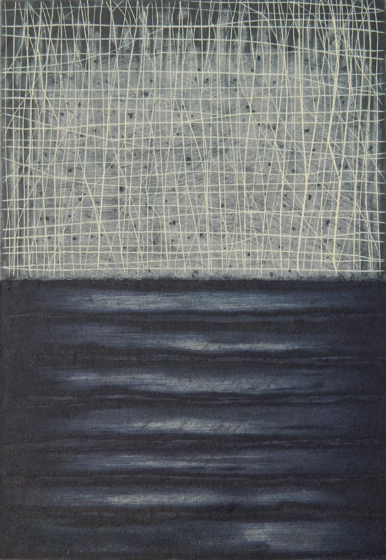 David Shapiro mixed media: David Shapiro (American 1944-2014)- ''Kala 7''- spit-bite, etching, drypoint, and carborundum printed in blue and white, 1991, signed, dated and titled in pencil, edition of 260, The Print Club of Cle