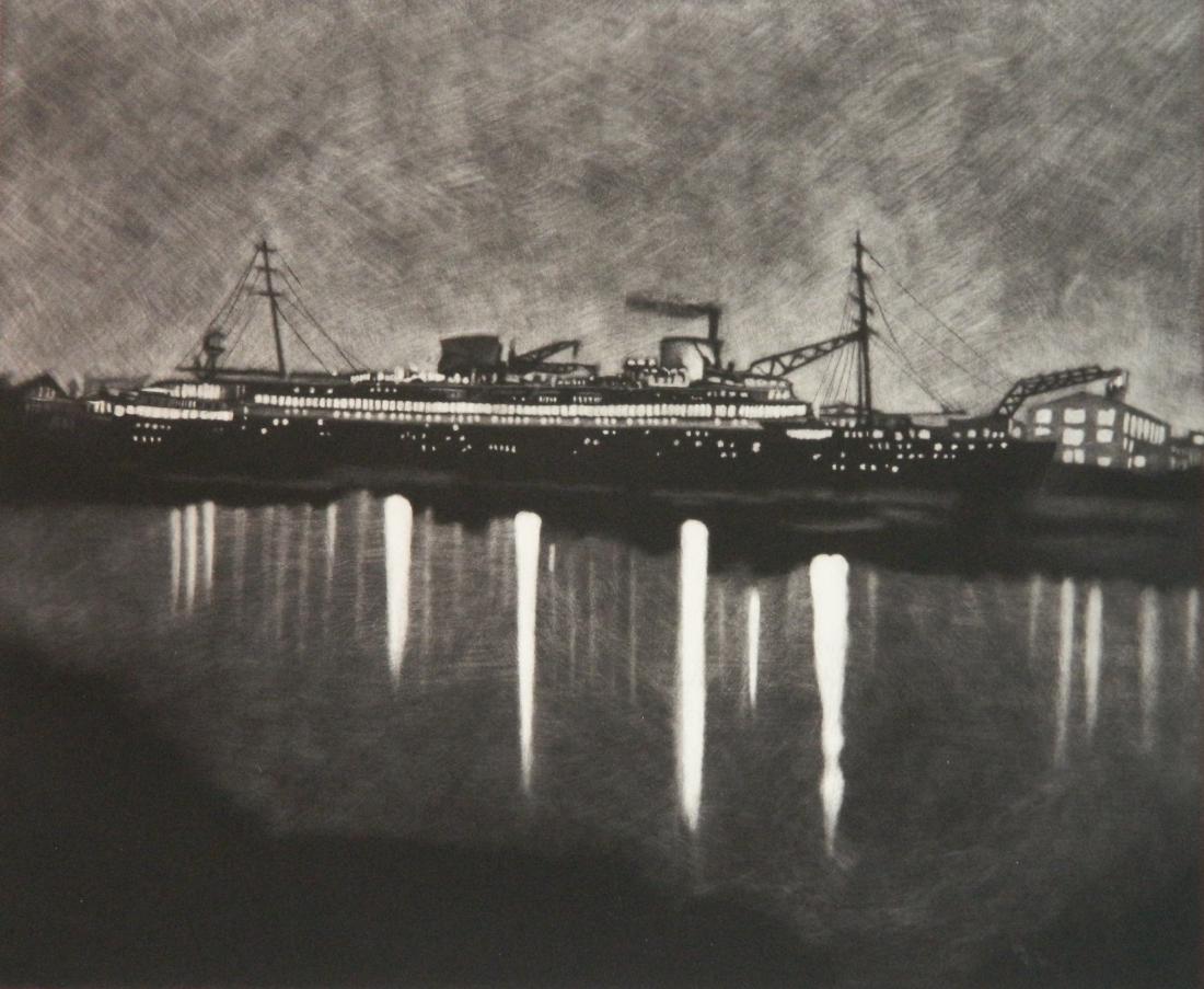 Michele Zalopany mezzotint: Michele Zalopany (American 1955- )- ''Ship''- mezzotint, 2000, signed, dated and numbered 3/27 in pencil, very good condition. 10 1/2 x 12 5/8''