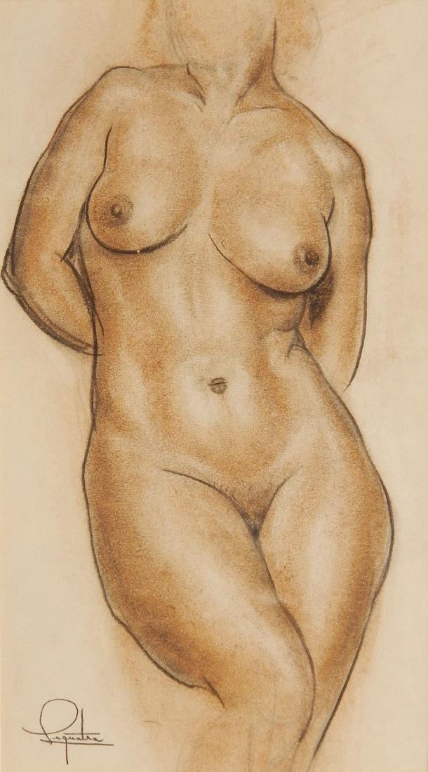 20th c. American School charcoal and conte crayon: 20th c. American School- Female Nude- charcoal and conte crayon on paper, signed 'Laquatra' lower left in pencil, tiny spot of charcoal loss in upper left area. 13 3/4 x 7 5/8''