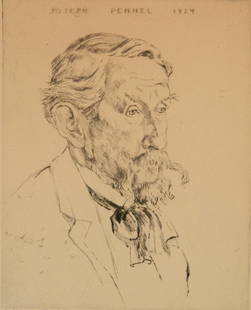 Emil Orlik etching: Emil Orlik- Portrait of Joseph Pennell- etching, c. 1924, signed in pencil, also signed by Joseph Pennell in pencil, inscription to Rowfant Club, Cleveland in pencil, age toning. 9 7/8 x 7 7/8''