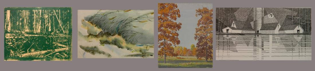 5 American works on paper: 5 American works on paper- 1.) J. Byers Hays- ''Moonlight Over Johnie Stillwell's Barn''- pen and ink on board, 1967, signed, titled and dated in ink lower right, 7 1/2 x 13 1/2''; 2.) L. Kubichek- ''