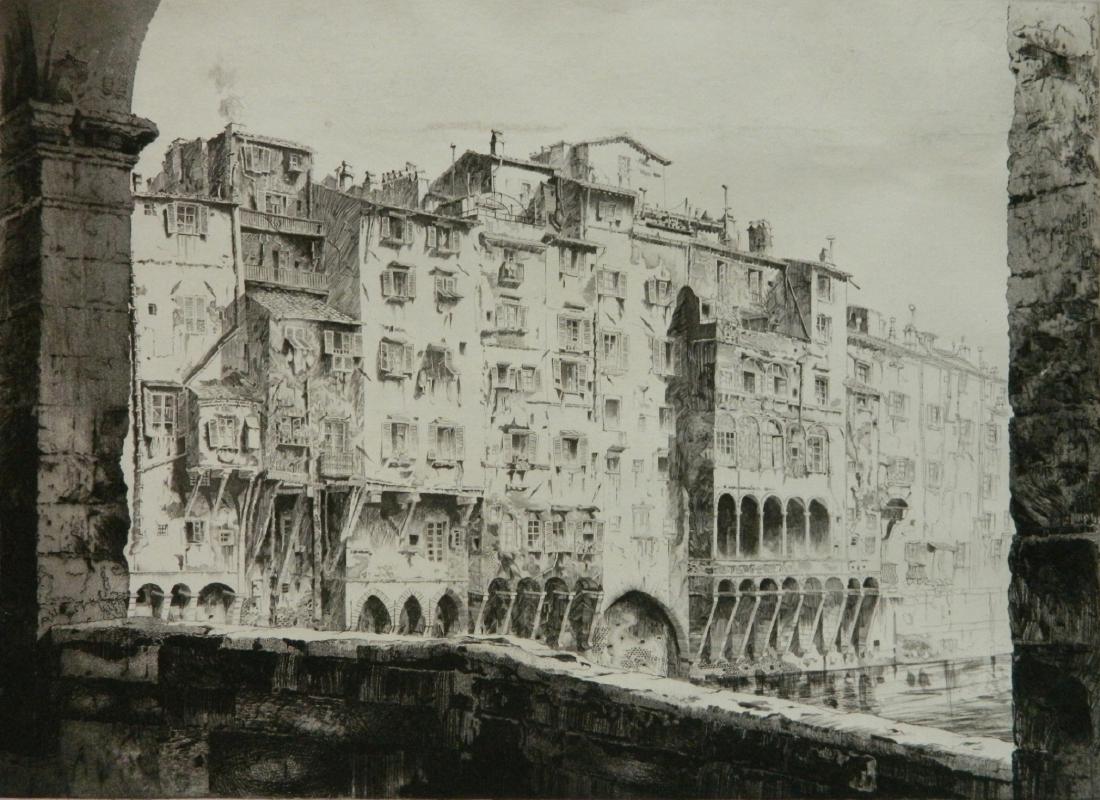 John Taylor Arms etching: John Taylor Arms- ''From the Ponte Vecchio'' (Fletcher 159)- etching, 1925, signed, dated and inscribed 'private collection' in pencil, Italian Series no. 1, unknown horizontal marks in upper image, m