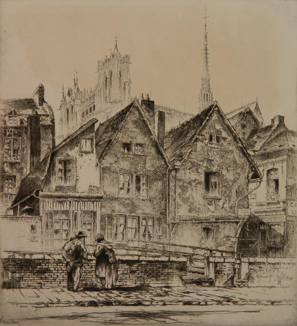 John Taylor Arms etching: John Taylor Arms- ''Amiens'' (Fletcher 181)- etching, 1926, French Church series #8, slight mat burn. 10 3/4 x 9 3/4''
