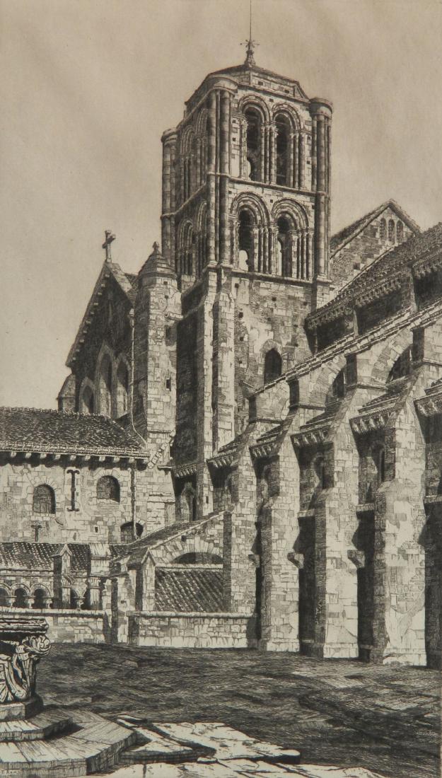John Taylor Arms etching: John Taylor Arms- ''Basilica of the Madeleine'' (Fletcher 223)- etching, 1929, signed, dated and inscribed 'Third State' in pencil, French Series no. 8, age toned, mat burn, browned edges. 12 5/8 x 7