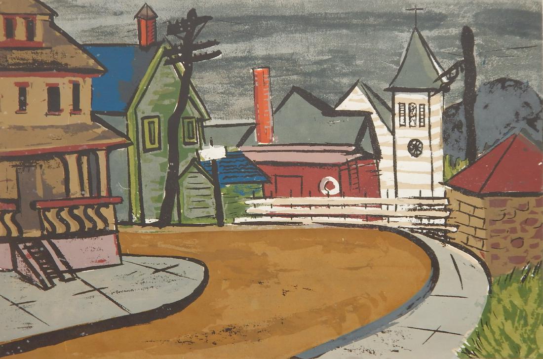 Beatrice Mandelman silkscreen: Beatrice Mandelman- ''The White Church''- silkscreen in colors, signed and titeld in pencil, stamped 'New York WPA Art Project' in lower left margin, creasing and soiling in margin, repaired tears in