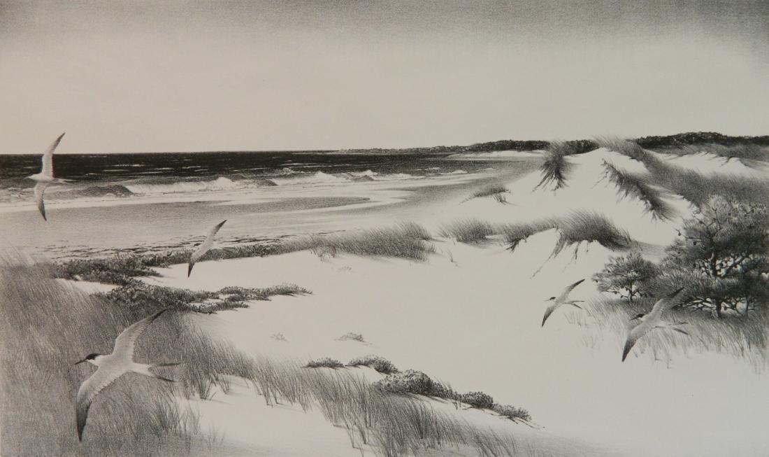 Stow Wengenroth lithograph: Stow Wengenroth (American 1906-1978)- ''The Far Shore'' (Stuckey 238)- lithograph, 1957, signed in pencil, done for the 27th publication of the Prairie Print Makers. 8 x 13 7/16''