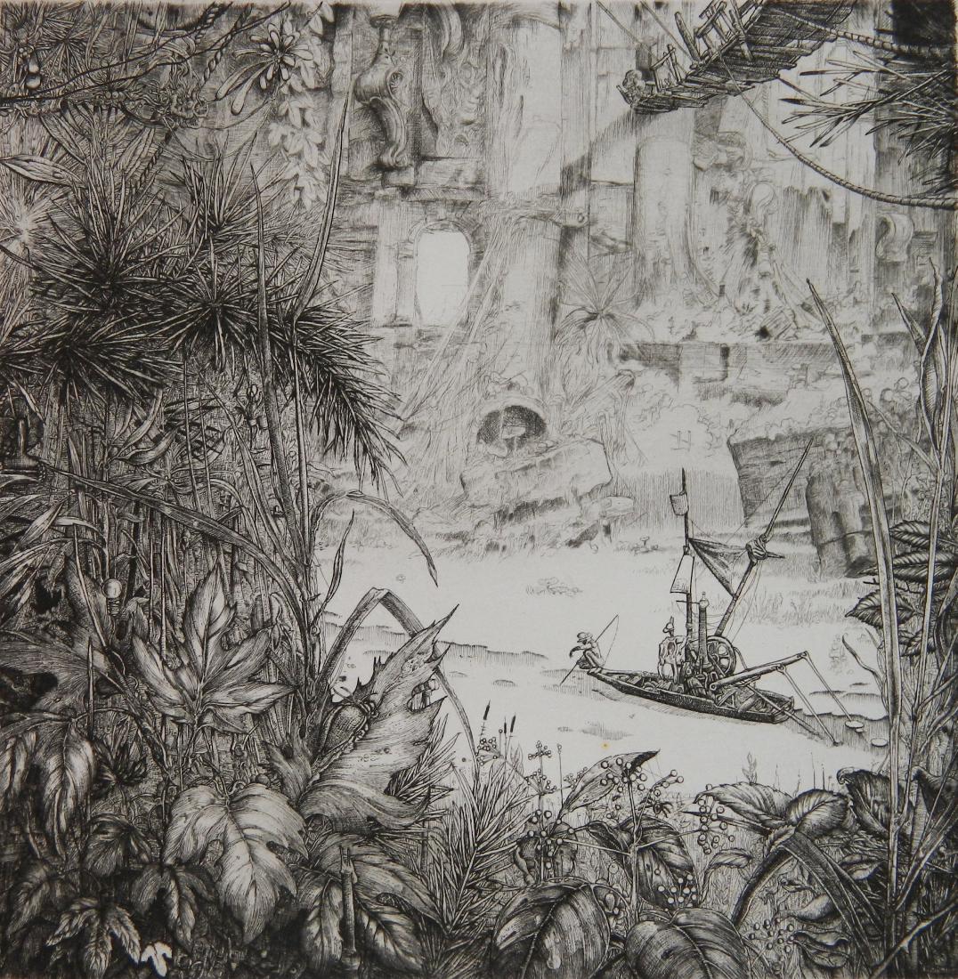 Philippe Mohlitz etching: Philippe Mohlitz- ''L'ete''- etching, 1975, signed, dated and numbered 33/100 in pencil, tiny orange spot in lower right area of image, otherwise very good condition. 6 5/8 x 6 1/2''