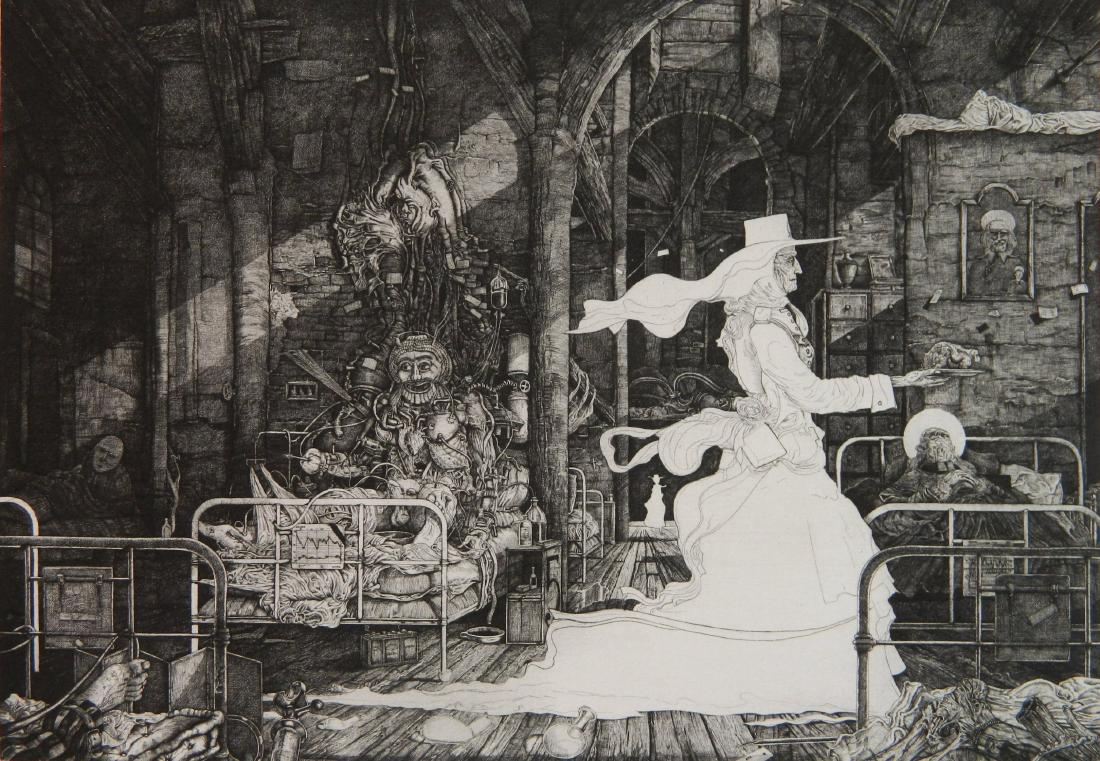 Philippe Mohlitz etching: Philippe Mohlitz- ''Le Ministere de la Sante''- etching, 1977, signed, dated, titled and numbered 87/100 in pencil, very good condition. 8 1/2 x 12 1/8''