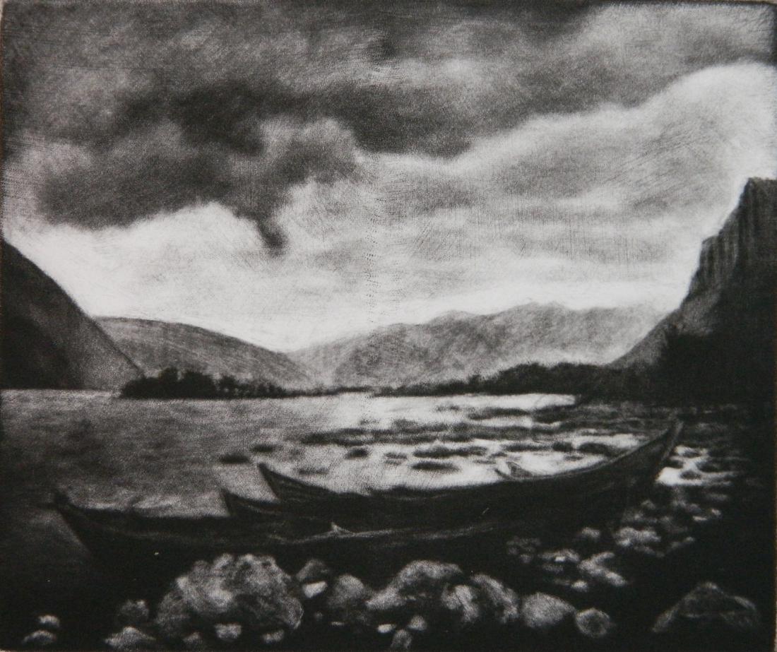 Michele Zalopany mezzotint: Michele Zalopany (American 1955- )- ''Lake''- mezzotint, 1996, signed, dated and numbered 7/15. 5 x 6''