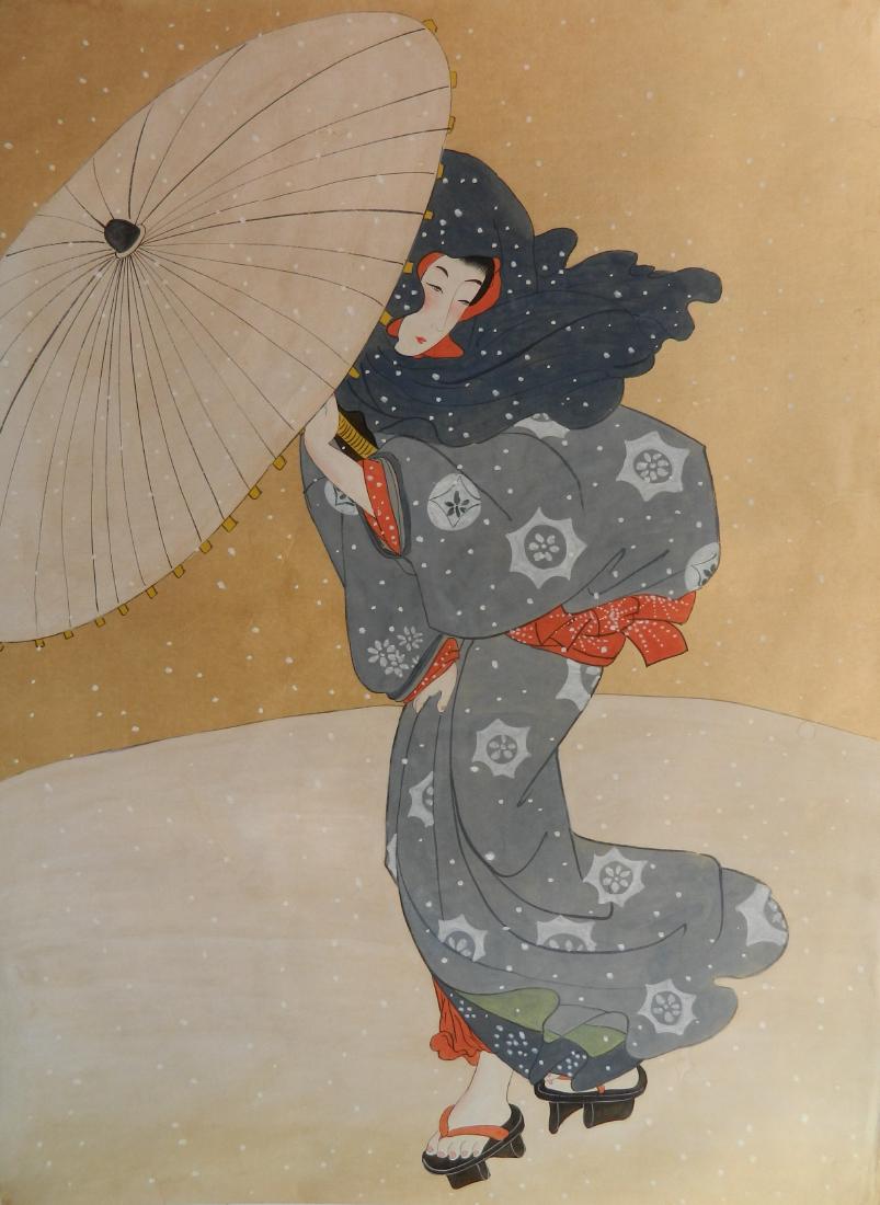 2 Japanese Ukiyo-e style watercolors on paper (1 of 10)