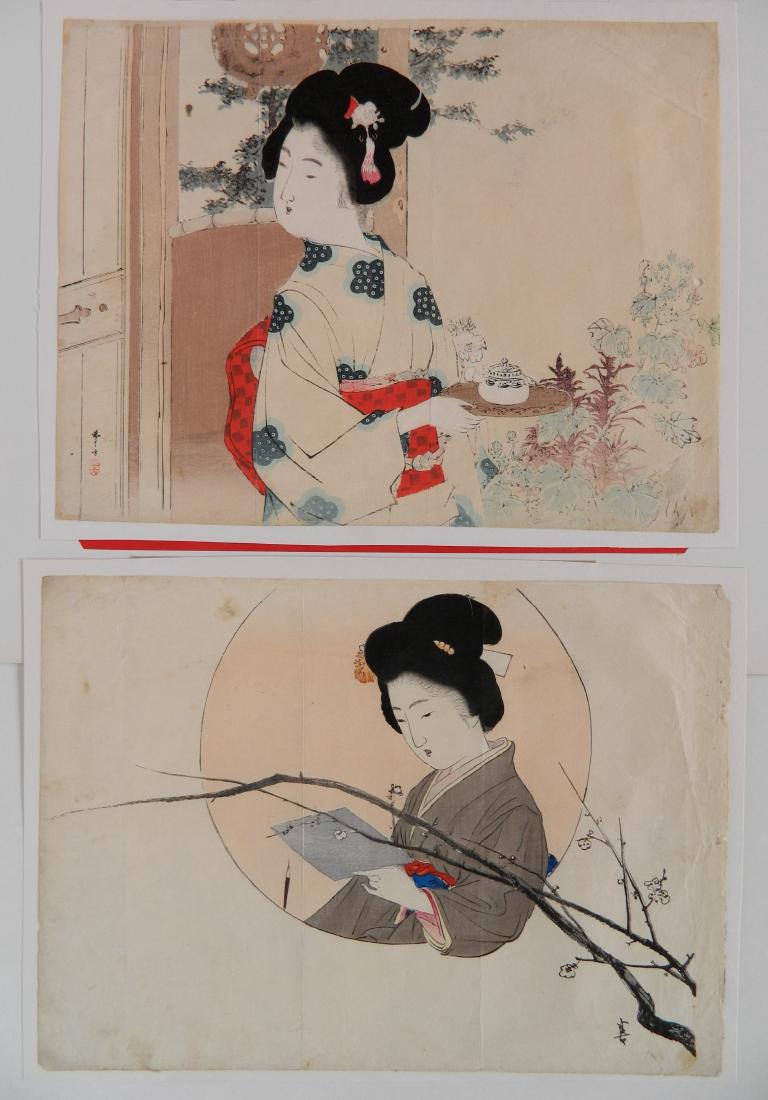 2 Japanese School woodblocks: Japanese School- Woman with Teapot; Woman Reading- 2 woodblocks in color, both with slight age and light toning, creases, minor soiling and staining. 8 3/4 x 11 3/8''; 8 3/4 x 11 5/8''