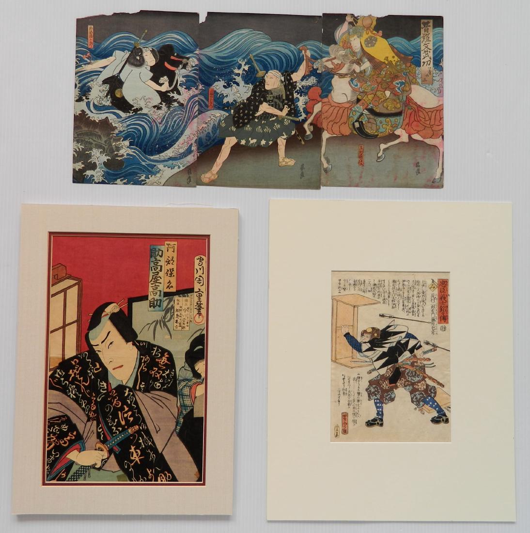 3 Japanese woodblocks: Japanese School including Chikashige and Yoshitora 3 woodblocks- 1.) Chikashige- Samurai- 1881, published by Tsunajima; 2.) Yoshitora- Warrior of Chushingura; together with 3.) a small triptych of War