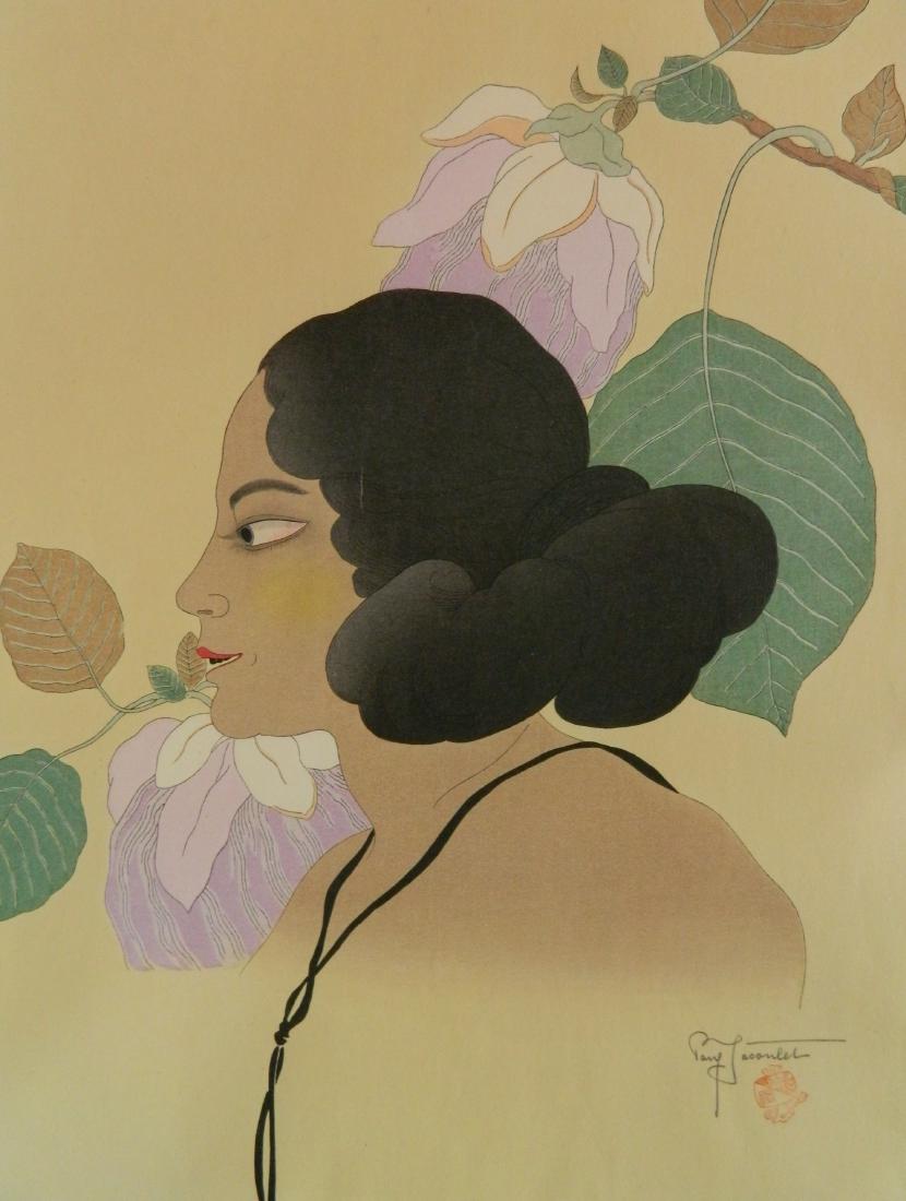 Paul Jacoulet woodblock in color: Paul Jacoulet (Japanese/French 1902-1960)- "Fleurs Violettes Tomil, Yap" (Miles 41)- woodblock in color, 1936, signed in pencil, Seal: Good Luck Hammer; Carver: Maeda, numbered 69/350 in red stamp ver