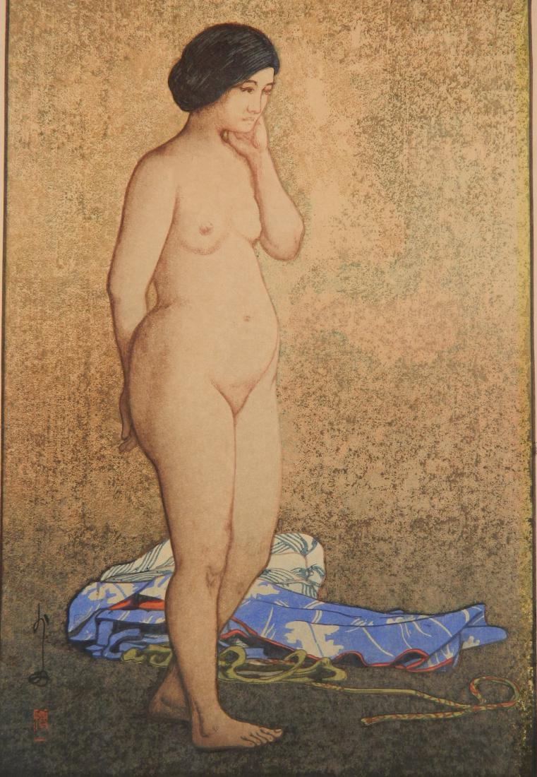 Hiroshi Yoshida woodblock: Hiroshi Yoshida (Japanese 1876-1950)- ''Study of Nude'' (Yoshida 94)- woodblock in color, 1927, signed and titled in pencil, very good condition. 14 1/2 x 9 3/4''