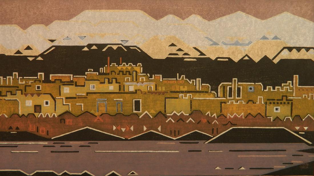 Toshi Yoshida woodblock: Toshi Yoshida (Japanese 1911-1995)- ''Indian Village - New Mexico''- woodblock in color, 1958, signed, dated and titled in pencil, slightly light struck, otherwise very good condition. 10 3/4 x 19 1/4
