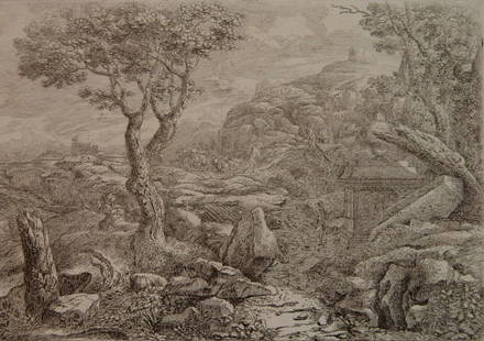 Giovanni Francesco Grimaldi etching: Giovanni Francesco Grimaldi (Italian 1606-1680)- ''Landscape with a Sunken Road'' (Bartsch 35 i/ii), before De Rossi's address)- etching with thread margins on three sides, watermark: three mound s