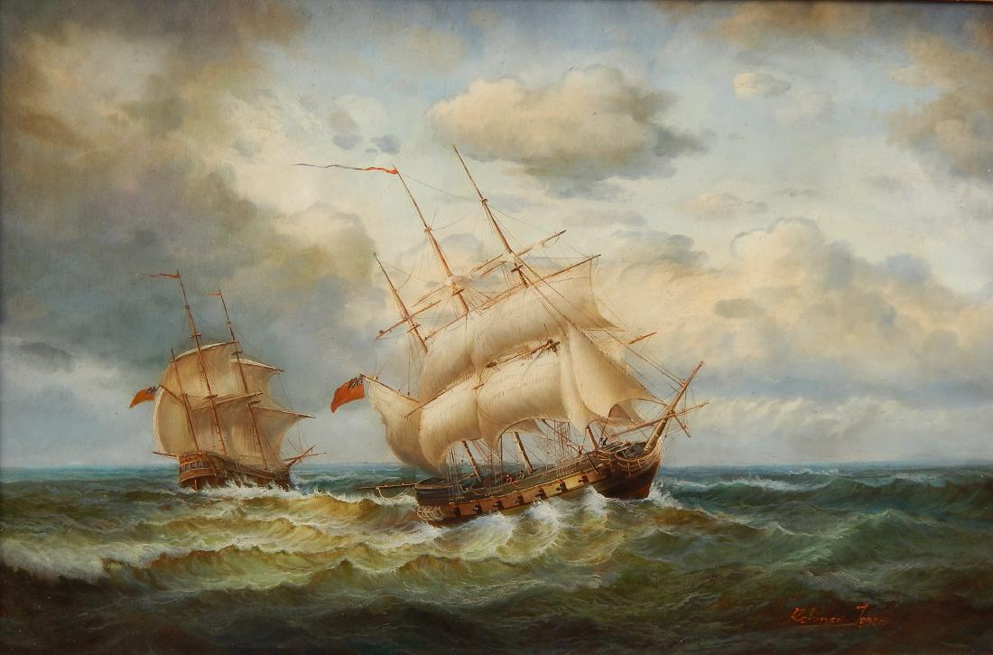 Robinson Jones oil: Robinson Jones (British 20th c.)- Ships at Sea- oil on canvas, signed Robinson Jones lower right, very good condition. 24 x 36''