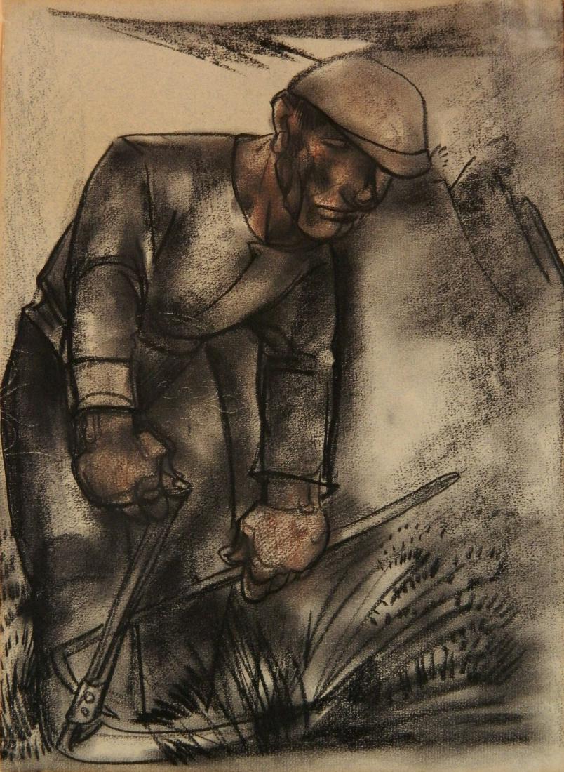 Willem Van Den Berg pastel and charcoal: Willem Van Den Berg (Dutch/American 1886-1970)- Cutting Wheat- pastel and charcoal on paper. 12 1/2 x 9''