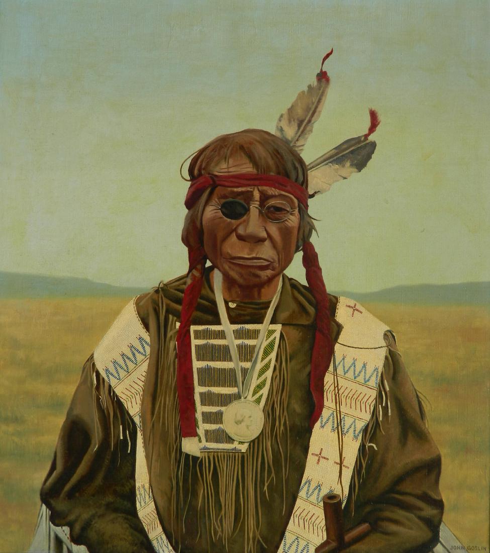 John Goslin oil: John Goslin (American 1907-?)- Sioux Chief - Blue Horse- oil on canvas, signed John Goslin lower right. 36 x 32''