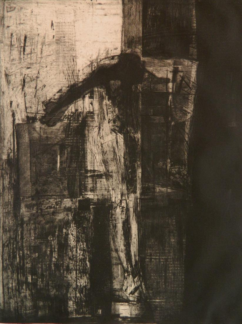 Herbert Caroll Cassill intaglio: Herbert Caroll Cassill (American 1928-2008)- ''Icarus''- intaglio, 1958, signed, titled and numbered 23/25 in pencil, window from mat, hole in top margin where there was once a hinge. 27 7/8 x 20 7/8'