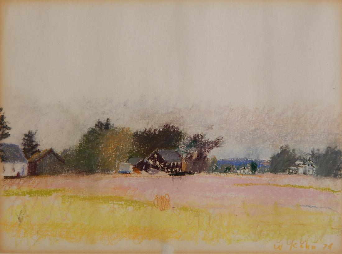 Wolf Kahn pastel: Wolf Kahn (American 1927- )- "Vermont Farm:- pastel on paper, 1974, signed W. Kahn 74 lower right, paper slightly age toned. 10 x 13 1/2'' Provenance: Lillian Kornbluth Gallery, Fair Lawn, NJ 1977