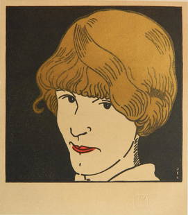 Jean-Emile Laboureur woodcut: Jean-Emile Laboureur (French 1877-1943)- ''Masque Aux Cheveux D'Or'' (Laboureur 671)- woodcut in colors, as published in 'The Studio'. 5 7/8 x 5 7/8''