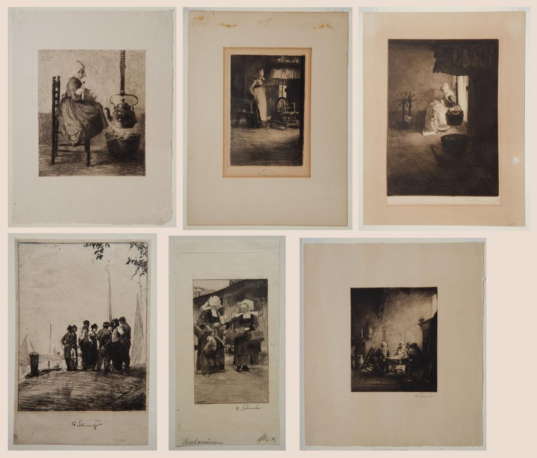 Ferdinand Schmutzer 6 etchings: Ferdinand Schmutzer (Austrian 1870-1928)- ''Hollandische Madcheen''; ''Hollandische Weissnaherin(?)''; ''Beim Bettmachen''; ''Bretonische Frauen''(?); Interior Scene; Two Women at Market- 6 etchings,