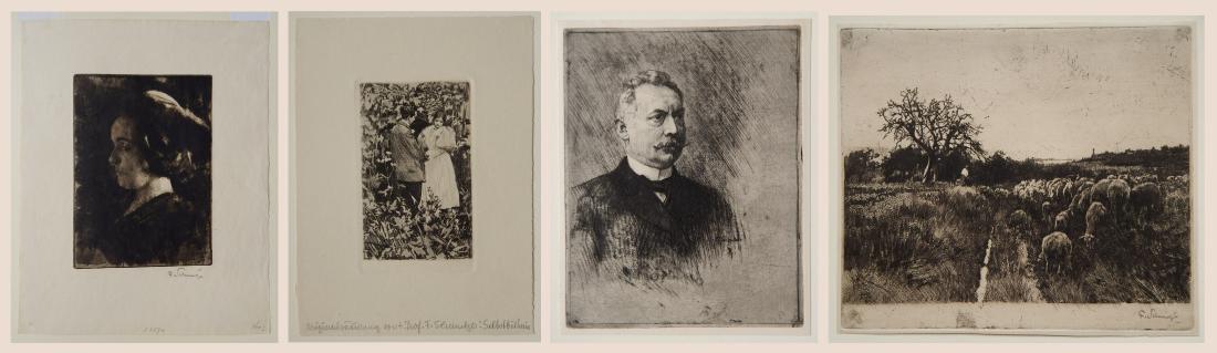 Ferdinand Schmutzer 4 etchings: Ferdinand Schmutzer (Austrian 1870-1928)- ''Richard Paulussen''; Herd in Frankreich; Head of a Young Woman; Two Figures in Exterior Scene- 4 etchings, 'Herd in Frankreich' and 'Head of a Young Woman'