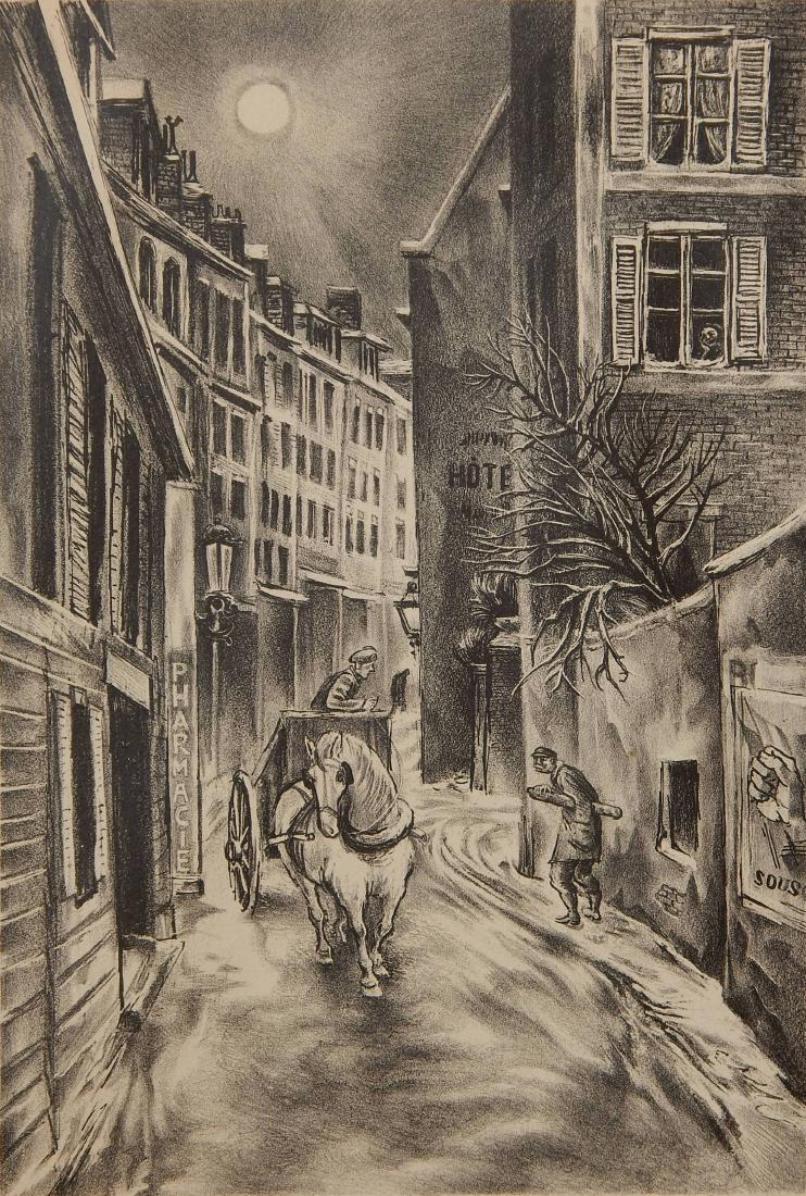 Aaron Bohrod lithograph: Aaron Bohrod (American 1907-1992)- "Sun Over Montparnasse"-lithograph, signed in pencil, light struck, mat burn. 12 1/2 x 8 1/2''