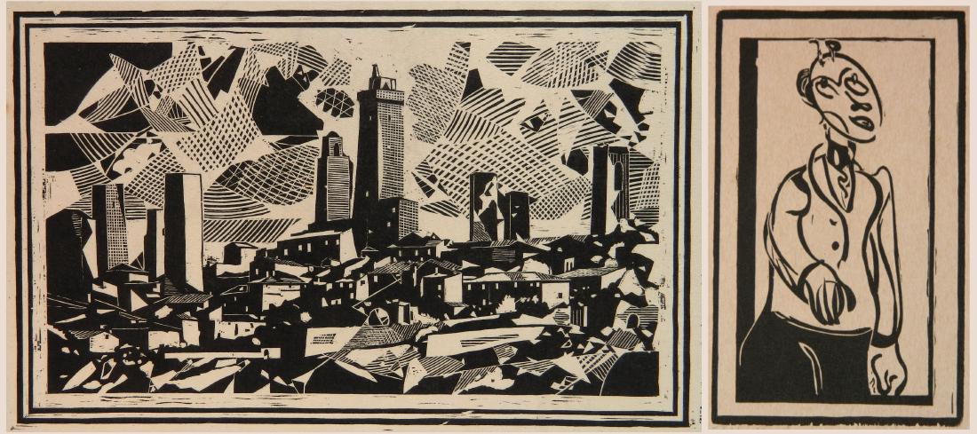 Fiske Boyd 2 woodcut: Fiske Boyd (American 1895-1975)- Figures (c. 1945); and City Scape- 2 woodcuts, both signed in pencil, 'Figures' light struck, 'City Scape' slightly age toned. 8 x 5 1/4''; 5 3/4 x 10''