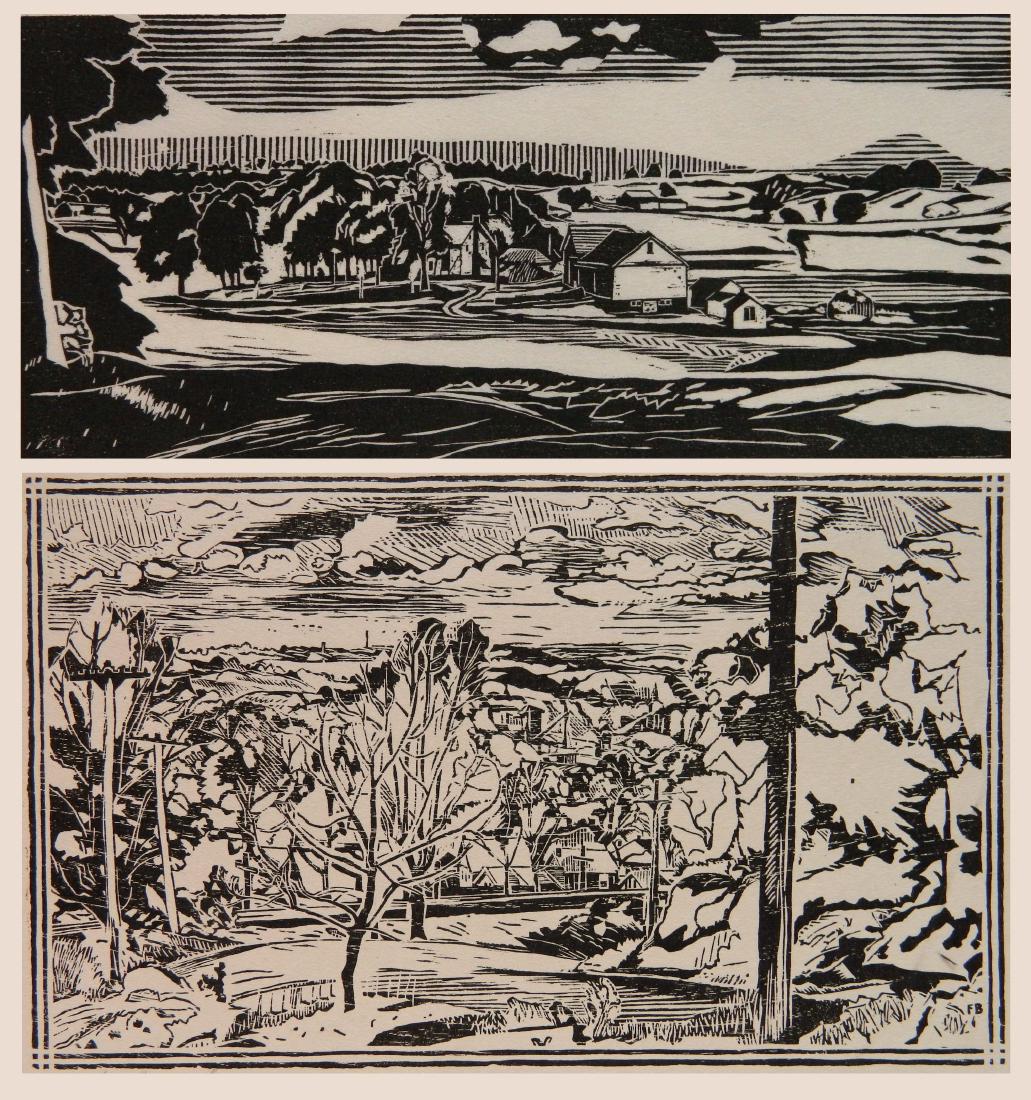 Fiske Boyd 2 woodcut: Fiske Boyd (American 1895-1975)- Landscapes- 2 woodcut, both signed in pencil, one has mat burn and a few round stains in margin. 4 x 9''; 7 1/4 x 11 3/8''