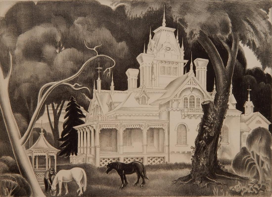 Mabel Dwight lithograph: Mabel Dwight (American 1876-1955)- ''White Mansion'' (Robinson & Pirog 72)- lithograph, 1934, signed and titled in pencil, edition of 40, light struck, otherwise good condition. 11 x 15 1/4''