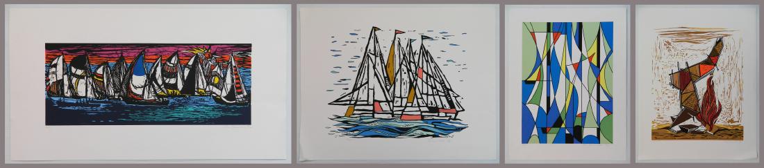 Leon Gordon Miller 4 silkscreens: Leon Gordon Miller (American 1917-1997)- ''Jacobs Ladder''; ''Sails''; ''Argou''; ''Regatta II''- 4 silkscreens in color, all signed, numbered and titled in pencil, editions of 100 each, handling crea