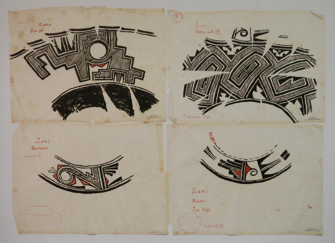 Paintings after Native American pottery design: L. Griswold Williams after Native American pottery design- 23 tissue tracing paintings, heavy foxing, tears and creases, various sizes around 14 1/4 x 20''