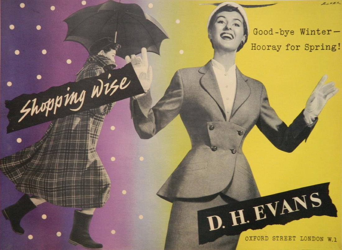 Arpad Elfer lithographic poster: Arpad Elfer (Hungarian 20th c.)- ''Shoppingwise - D. H. Evans Poster''- lithographic poster with linen backing, ca. 1950's, designed and produced by Colman Prentis & Varley LTD, photographs by Zoltan