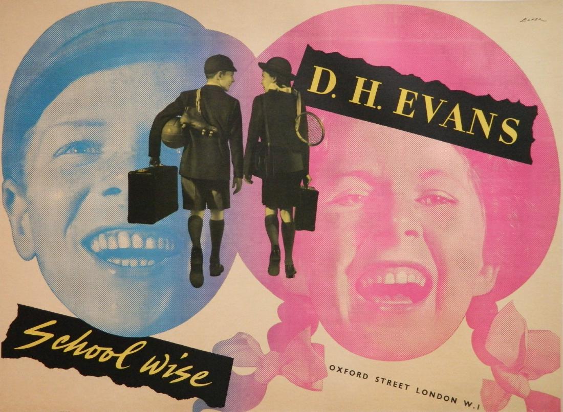 Arpad Elfer lithographic poster: Arpad Elfer (Hungarian 20th c.)- ''Schoolwise - D. H. Evans Poster''- lithographic poster with linen backing, ca. 1950's, designed and produced by Colman Prentis & Varley LTD, photographs by Zoltan Gl