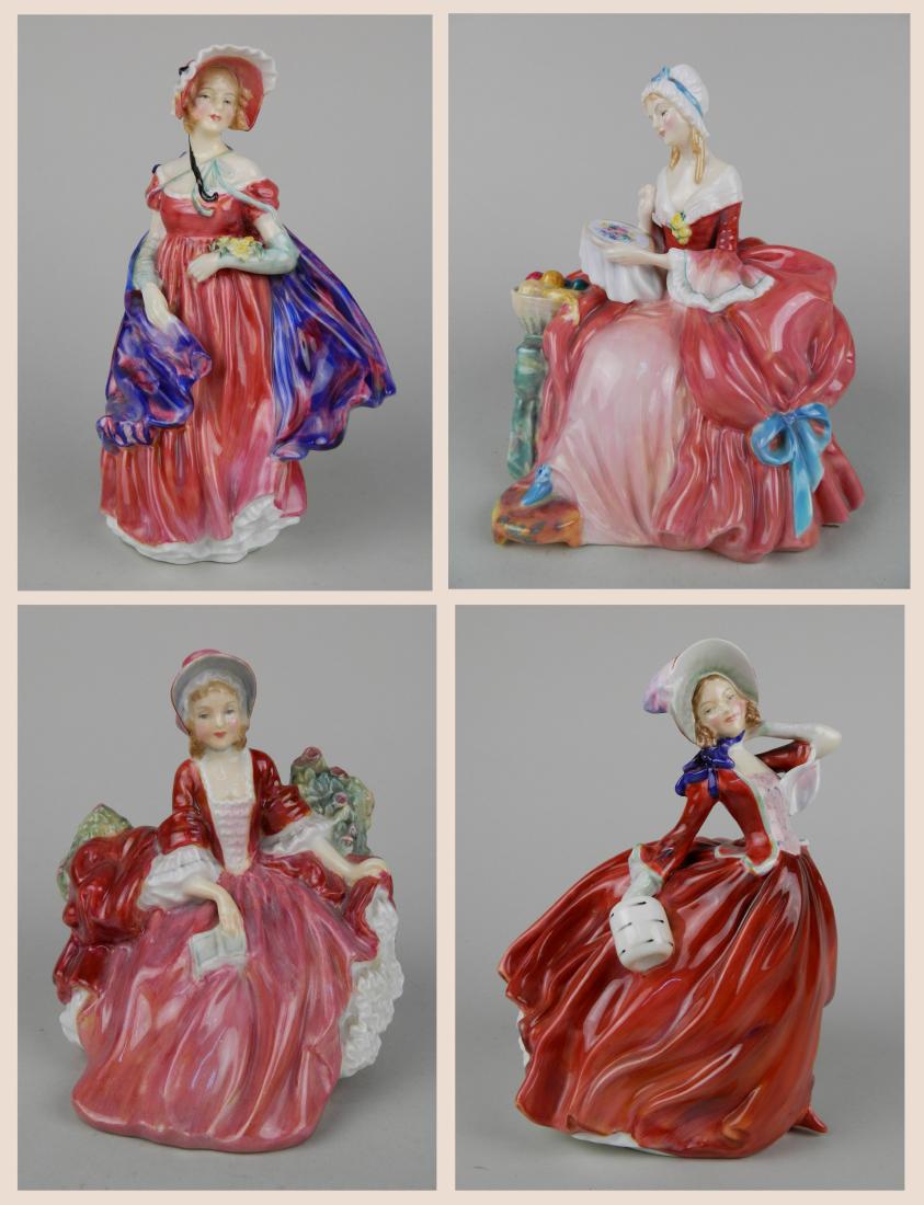 4 Royal Doulton porcelain figurines: 4 Royal Doulton porcelain figurines- ''Penelope'' HN 1901; ''Autumn Breeges'' HN 1934; ''Lydia'' HN 1908 and ''Lady April'' HN 1958- all designed by Leslie Harrandine, 'Lady April' has a couple petals