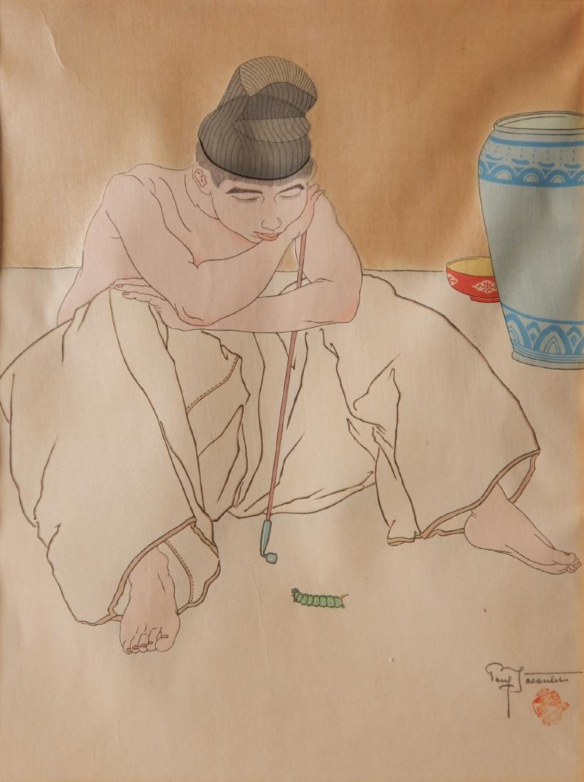 Paul Jacoulet woodblock: Paul Jacoulet (French 1902-1960)- ''The Green Caterpillar, Coree''- woodblock in color, 1936, signed in pencil, red artist seal, red stamp verso no. 231/350, minor crease in upper left corner. 15 1/2 