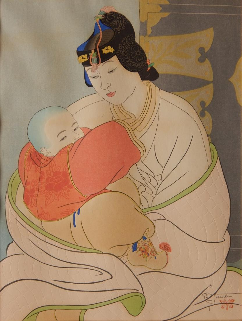 Paul Jacoulet woodblock: Paul Jacoulet (French 1902-1960)- ''Le Tresor 'Coree' ''- woodblock in color, 1940, signed in pencil, red artist seal, red stamp verso no. 135/350, light struck, some discoloration in upper half of im