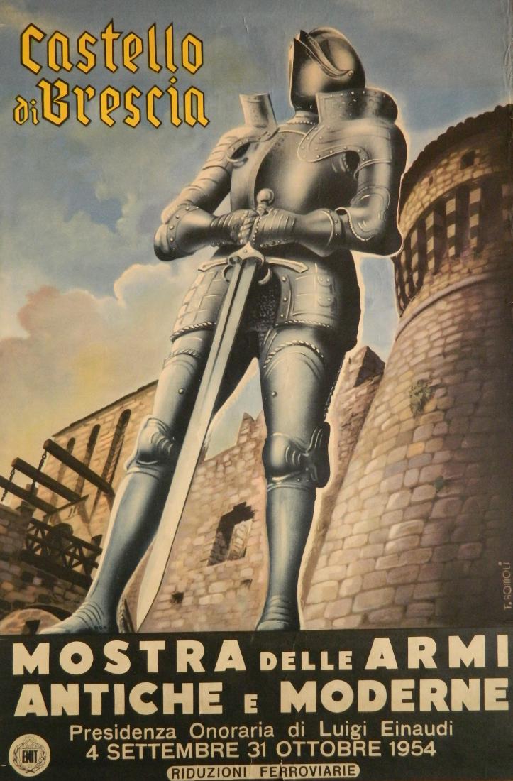 after Filippo Romoli lithographic poster: after Filippo Romoli (Italian 1901-1969)- ''Castello di Brescia Mostra Delle Armi Antiche e Moderne''- lithographic poster, 1954, for exhibition of ancient and modern weapons, rough edges with tears a