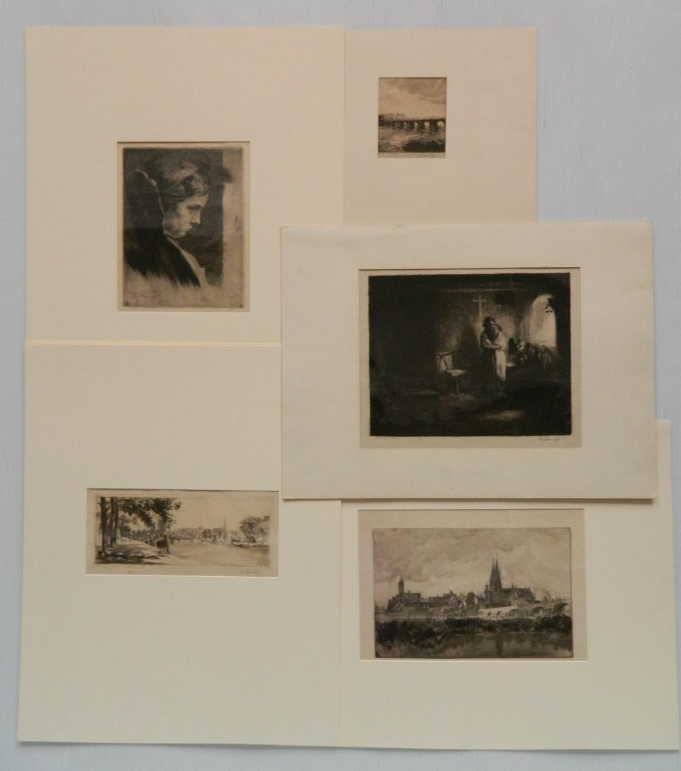 Ferdinand Schmutzer 5 etchings: Ferdinand Schmutzer (Austrian 1870-1928)- ''Die Alte Auguste Brucke in Dresden''; ''Der Nieuwe Kalkhaven in Dordrecht''; ''Du Veisteigerung''; ''Regensburg''; ''Linzerin''- 5 etchings, all signed in p