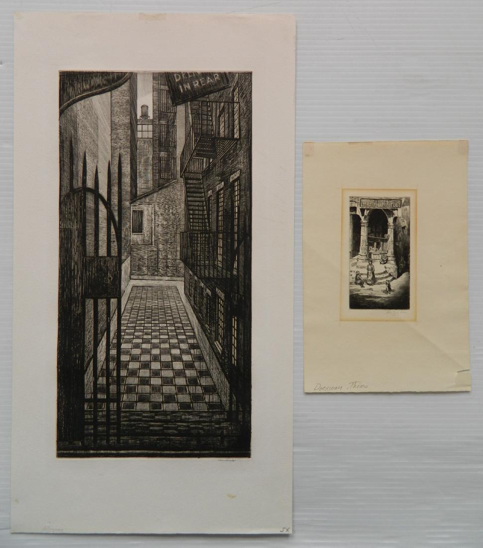 2 American etchings: 2 American etchings- 1). John Taylor Arms (American 1887-1953)- ''Doorway, Thiers''- etching, 1921, signed in pencil, mat burn, diagonal crease through lower left half of sheet, small tear in lower ri