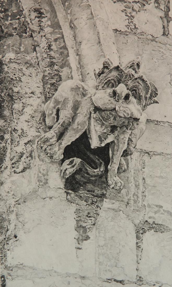 John Taylor Arms etching: John Taylor Arms- ''Gothic Spirit'' (Fletcher 120)- etching, 1922, signed in pencil, Gargoyle Series no. 8, slight paper wear in the right margin near edge of image. 11 5/8 x 7''