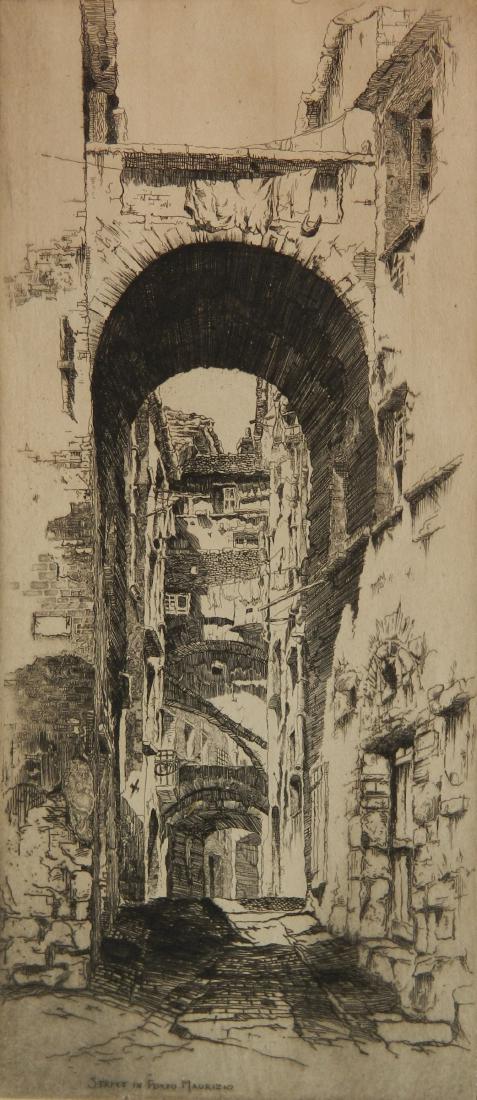 John Taylor Arms etching: John Taylor Arms- ''Street in Porto Maurizio'' (Fletcher 207)- etching, c. 1929, signed and dated in pencil, Italian Series no. 3, age toned with mat burn, pencil mark upper right. 9 1/2 x 4 1/8''