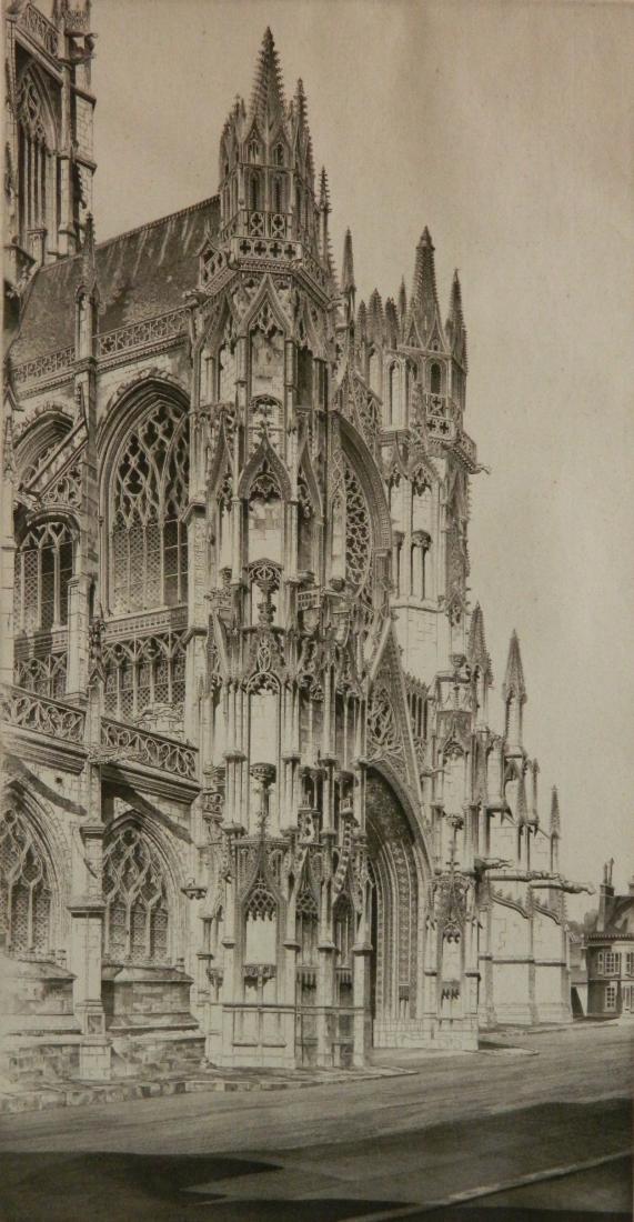 John taylor Arms etching: John Taylor Arms- ''Memento Vivere, Notre Dame'' (Fletcher 407)- etching, 1947, signed and dated in pencil, French Series no. 7, age toned, mat burn, browned edges, a few spots of foxing. 13 1/2 x 7 1