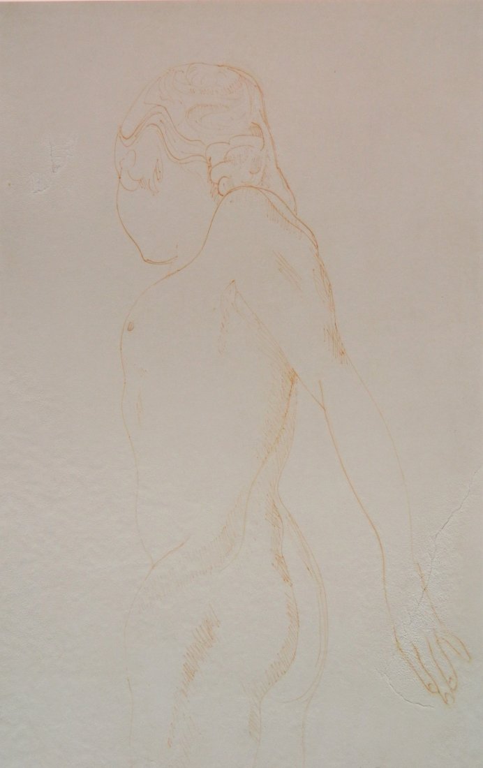 William Sommer brown ink: William Sommer (American 1867-1949)- Female Nude- brown ink on paper, signed Wm Sommer lower right in pencil, laid down, 5 1/4'' repaired tear lower right, two other repaired tears in upper left and u